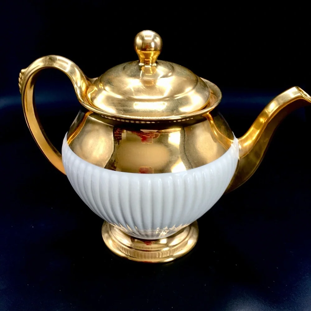 VTG 3Pc Royal Winston Grimwades Art Deco 22k Gold Teapot & Gold Rim Plate